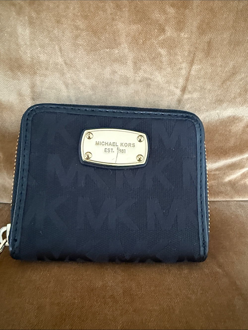 Michael Kors Navy Compact Zip Wallet with Gold Plaque